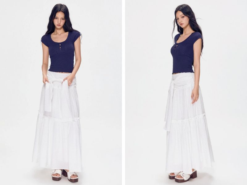 Cách phối chân váy dài với áo baby tee
