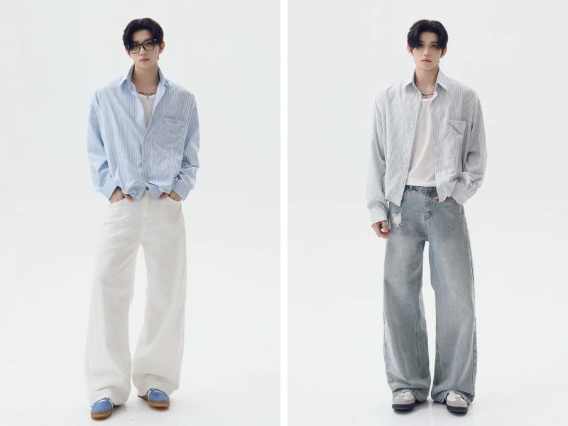 Quần baggy jean phối với áo sơ mi nam