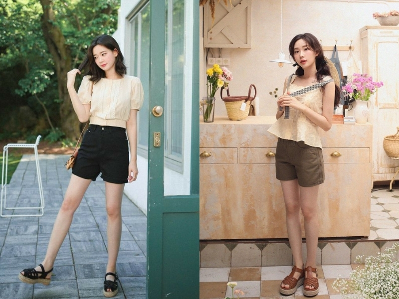 Áo màu kem phối với quần short denim sáng trẻ trung