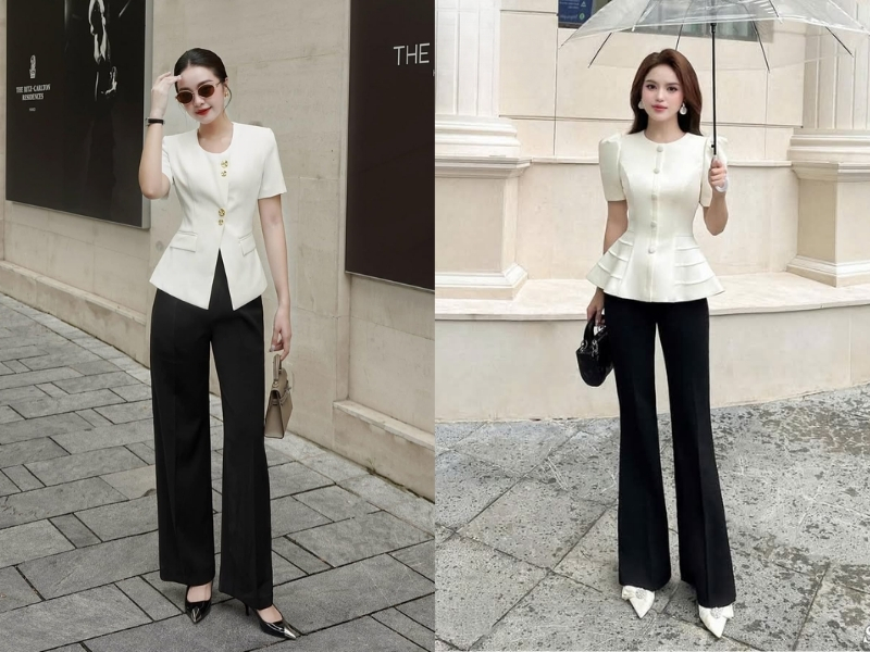 Áo peplum nhẹ chiết eo cao phối với quần tối màu