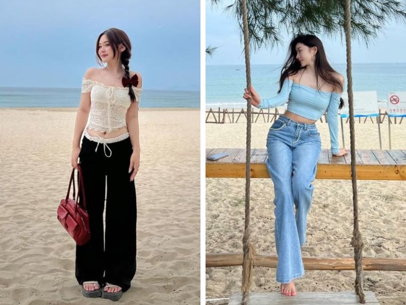 áo trễ vai và quần ống suông