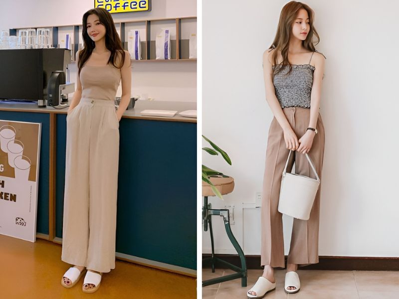 Phối quần ống rộng và dép bản to