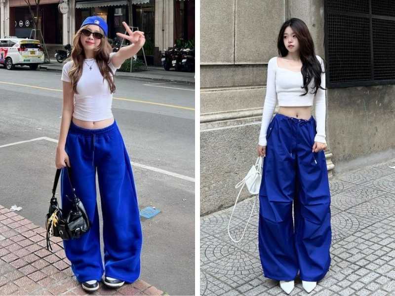 Phối quần baggy xanh coban với croptop trắng