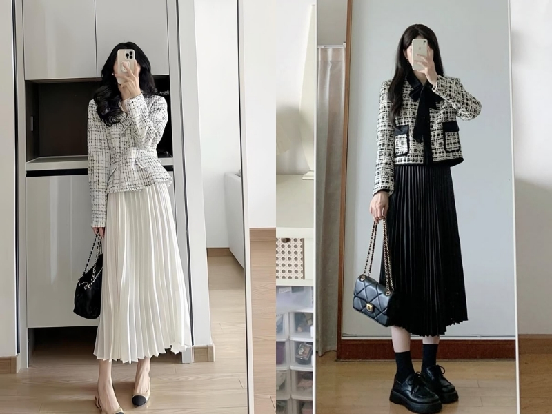 Phối váy xếp ly với áo khoác ngoài nhẹ nhàng