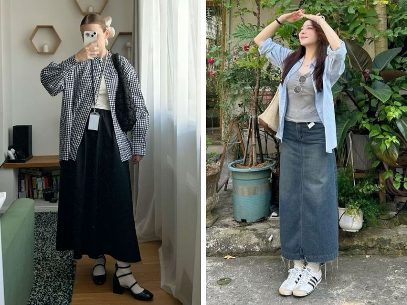 áo sơ mi khoác ngoài áo thun và chân váy dài