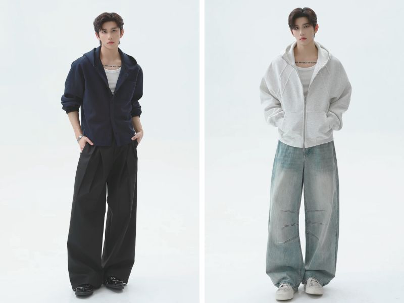 Phối quần baggy ống rộng với hoodie zip