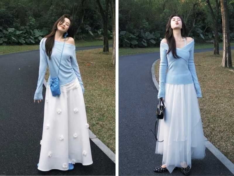 Chân váy trắng phối với áo xanh dương nhạt