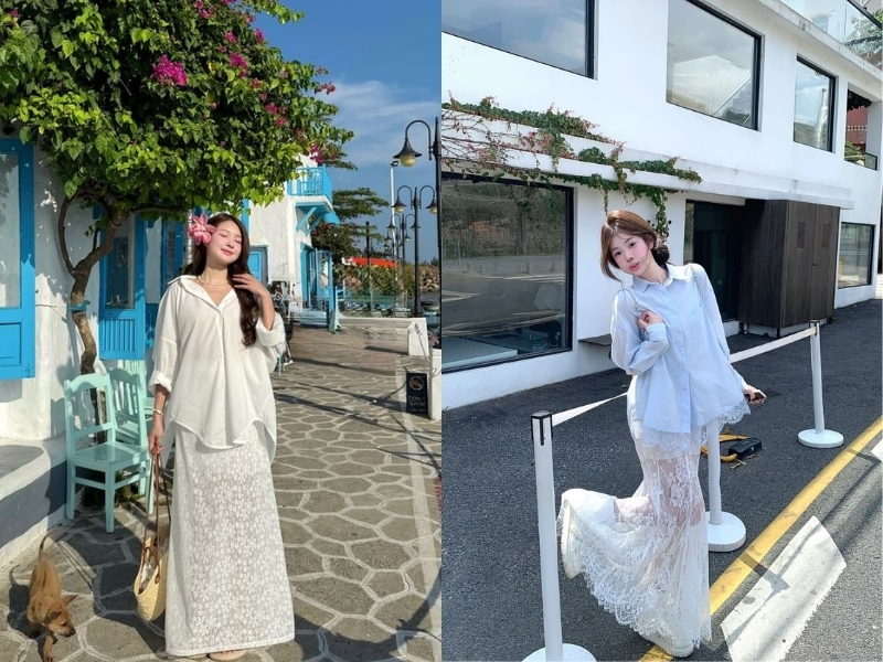 Chân váy ren dài phối áo sơ mi đi biển