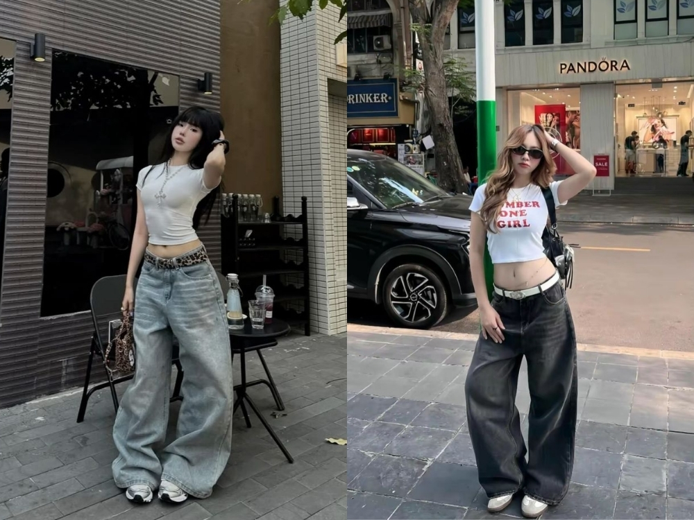Quần jean ống suông nữ phối áo croptop
