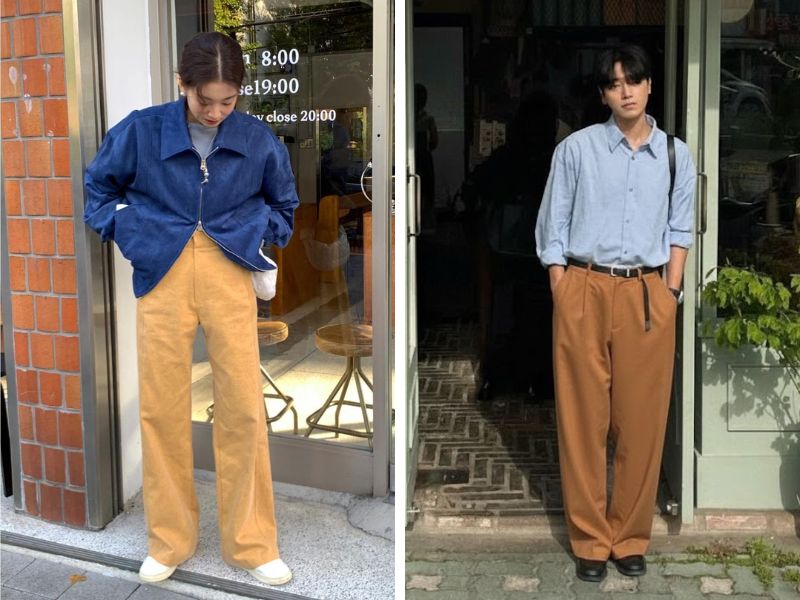 quần màu vàng đất phối áo xanh