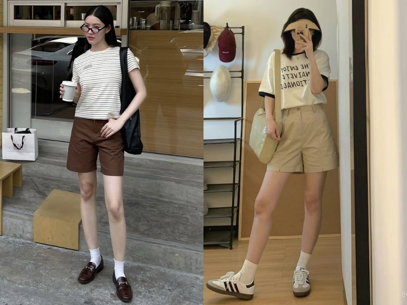 Áo màu kem phối với quần short kaki gọn gàng