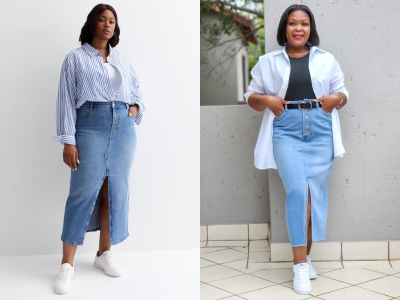 Áo sơ mi phối áo thun và chân váy jeans