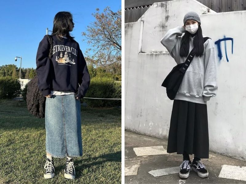 áo hoodie và chân váy dài chữ a hoặc váy xếp ly
