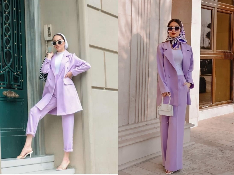 thời trang tím mix phụ kiện khăn và kính