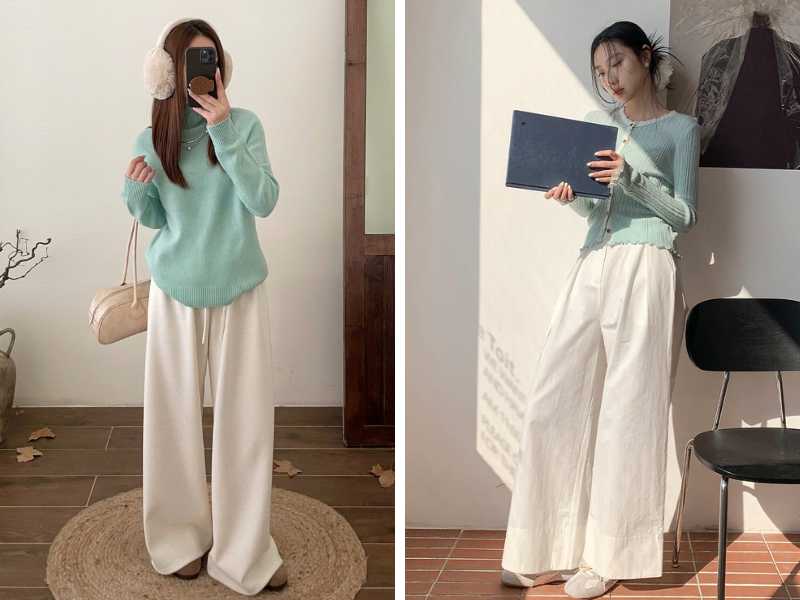 Phối đồ màu xanh ngọc và màu kem cho nữ