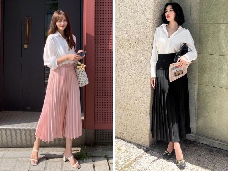 áo sơ mi cơ bản với chân váy xếp ly