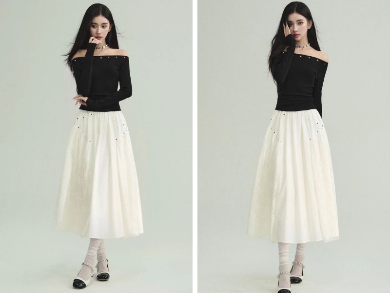 Cách mix chân váy dài với áo trễ vai