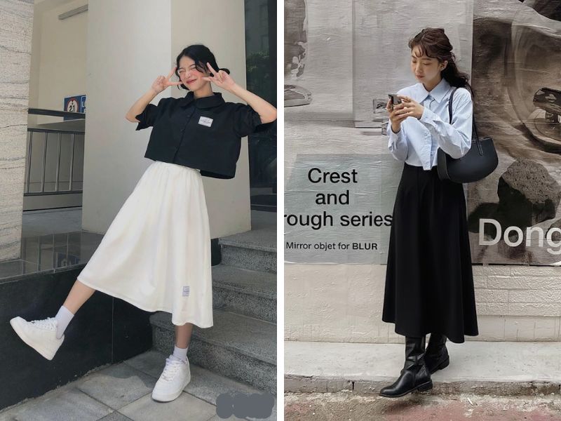 áo sơ mi croptop với chân váy xòe dài