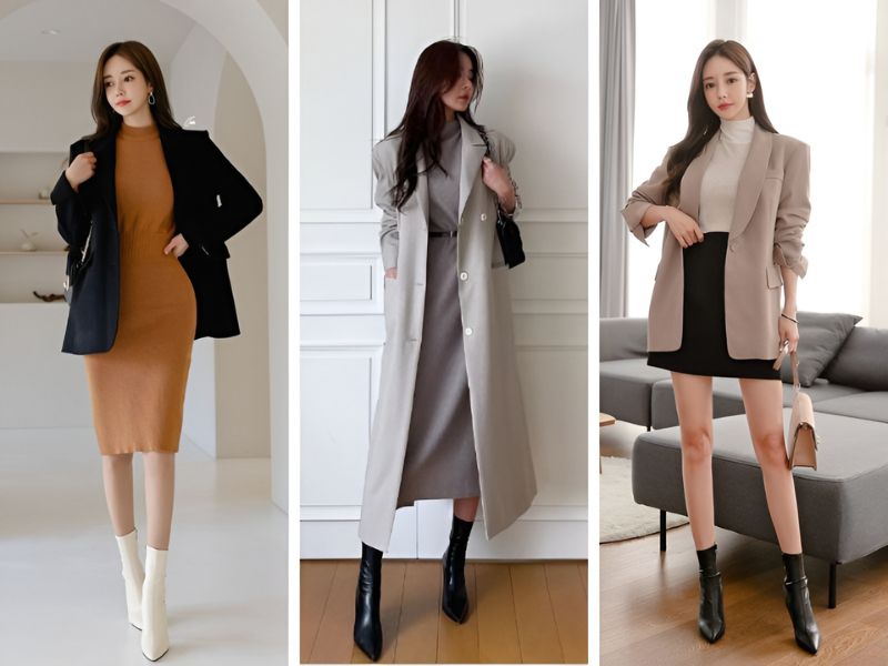 Phối boot cổ lửng với áo blazer và đầm len