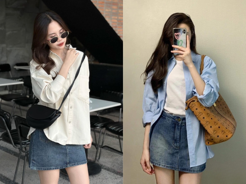 chân váy jean ngắn với áo sơ mi tone pastel trắng - xanh