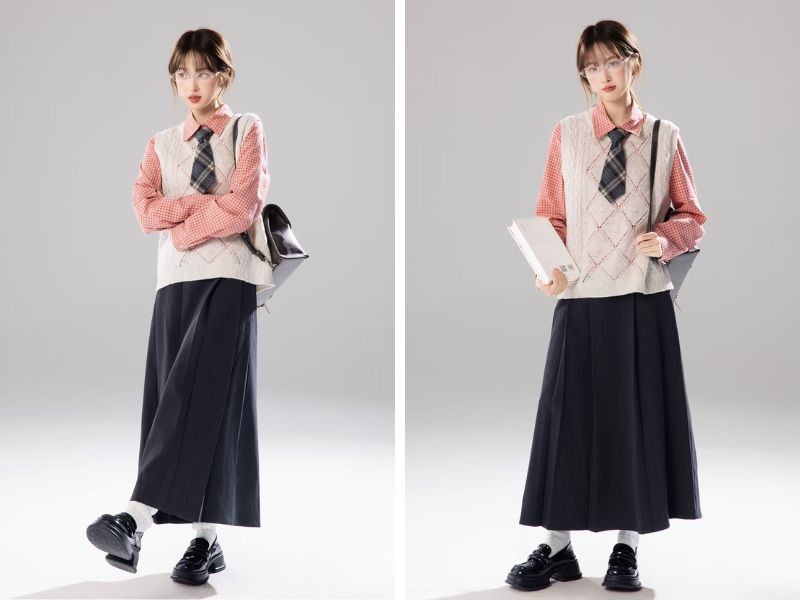 Cách phối áo gile với chân váy chữ A