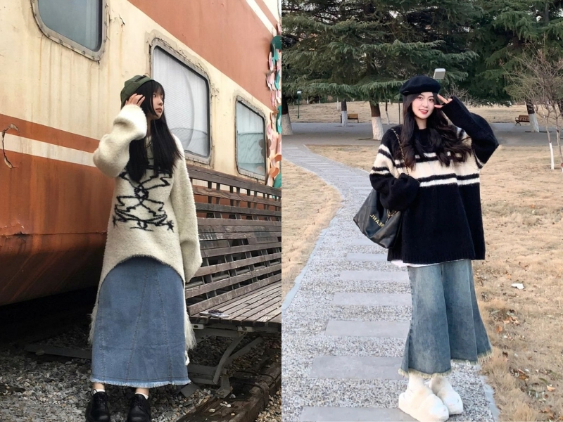 Áo len oversize vừa phối chân váy jean dài mùa đông