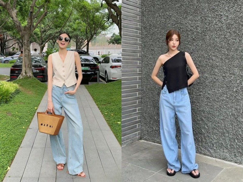 Phối sandal với quần jeans ống rộng