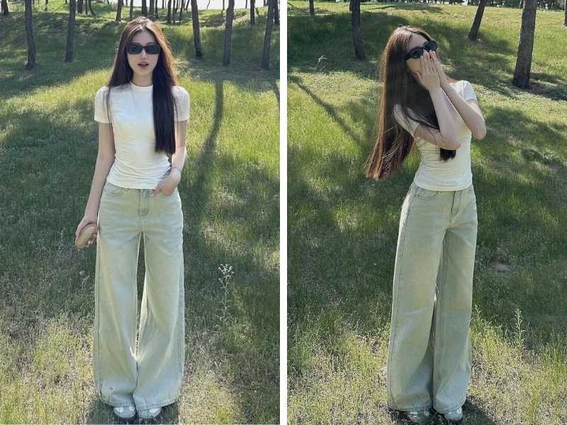 Áo croptop trắng phối với quần baggy xanh lá