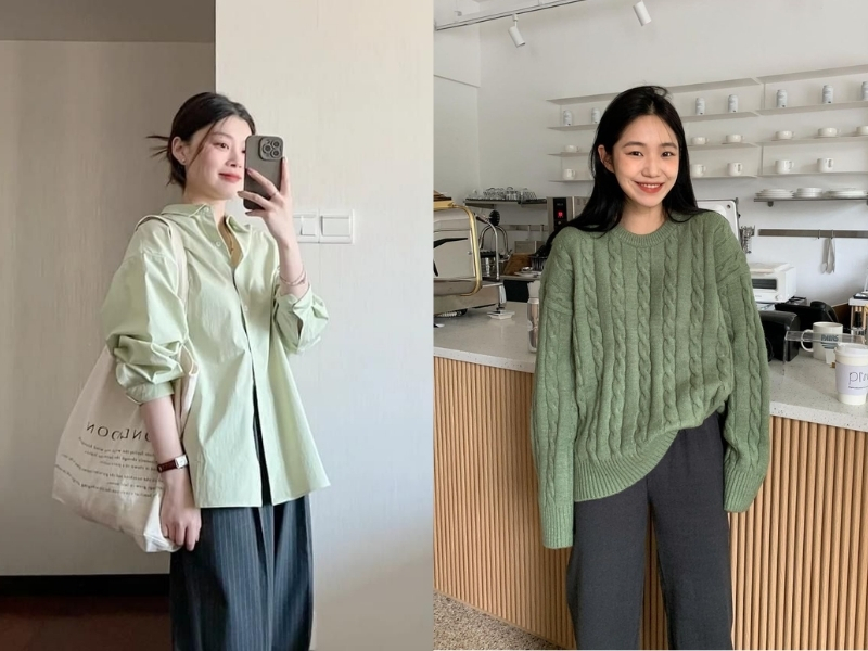 Áo xanh rêu mặc với quần xám