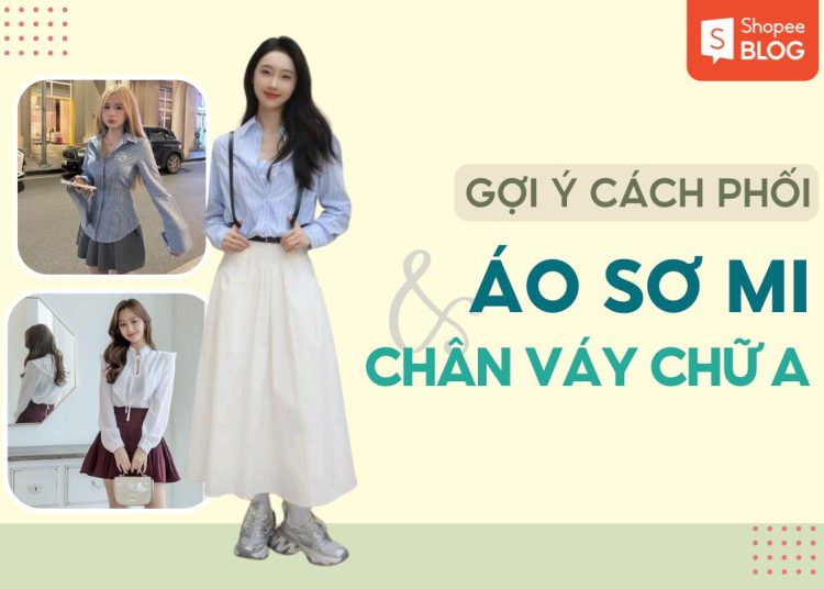 phối áo sơ mi với chân váy chữ a