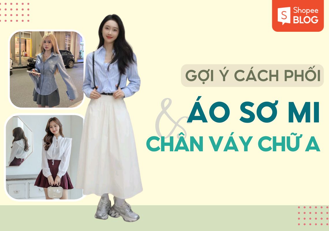 phối áo sơ mi với chân váy chữ a