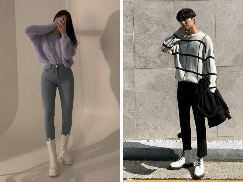 phối đồ với boot trắng áo len với quần skinny và boot trắng cao cổ