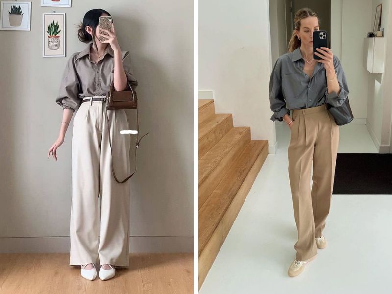 áo sơ mi xám quần be