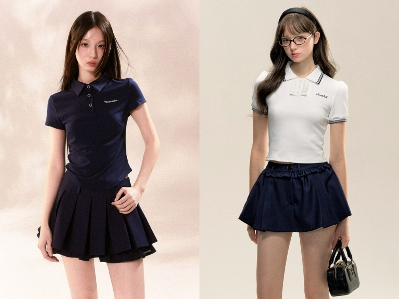 Phối chân váy xoè ngắn với áo polo nữ