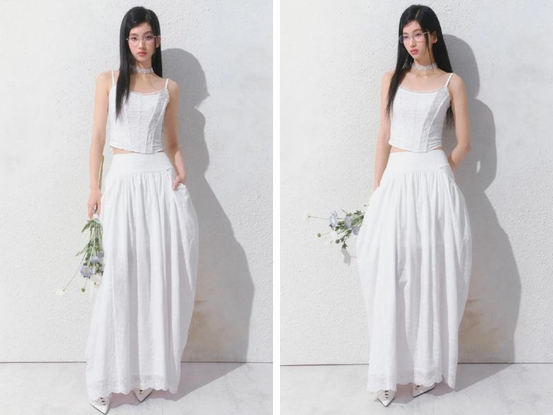 Cách phối chân váy dài với áo hai dây