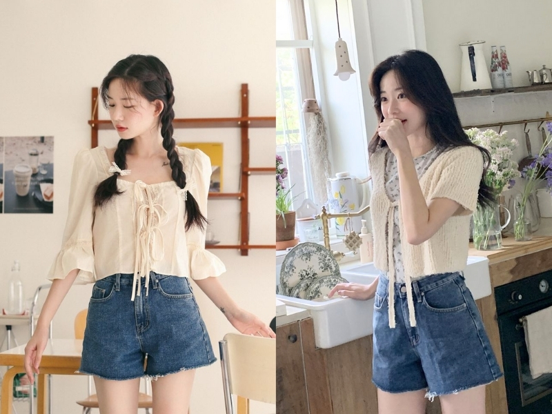 Áo màu kem phối với quần short denim sáng trẻ trung