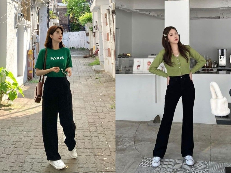 Áo xanh rêu phối quần đen ống suông