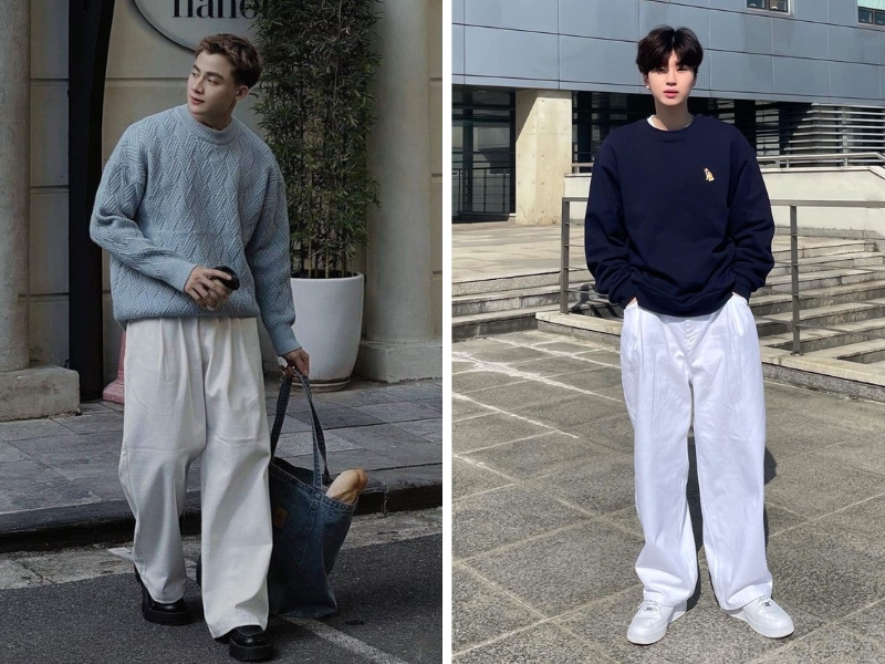 áo sweater cùng quần jeans ống suông