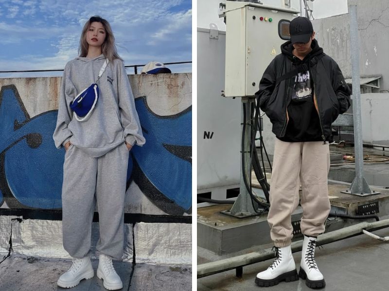 áo hoodie quần cargo boot trắng cao cổ