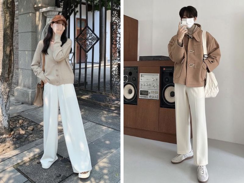 áo nâu nhạt và quần màu kem