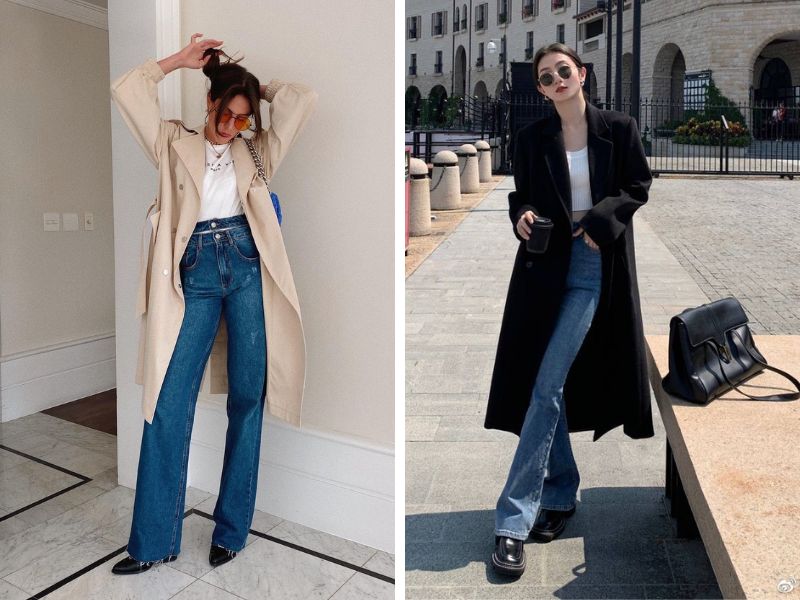 áo trench coat hoặc áo khoác dáng dài và quần ống loe