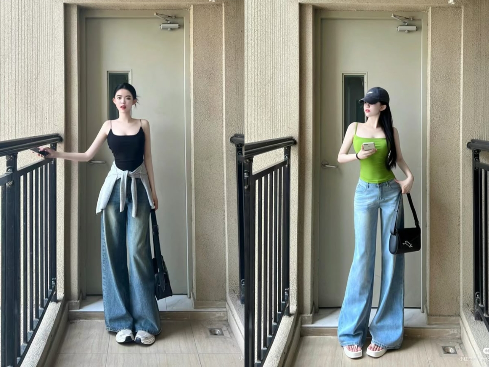 Quần bò ống suông phối áo hai dây đơn giản mà đẹp
