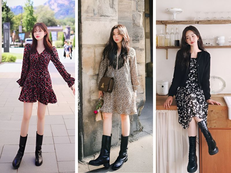 Phối boot đen và váy hoa