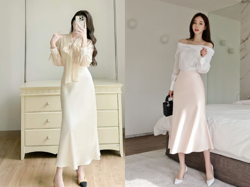Áo sơ mi kiểu và chân váy lụa satin