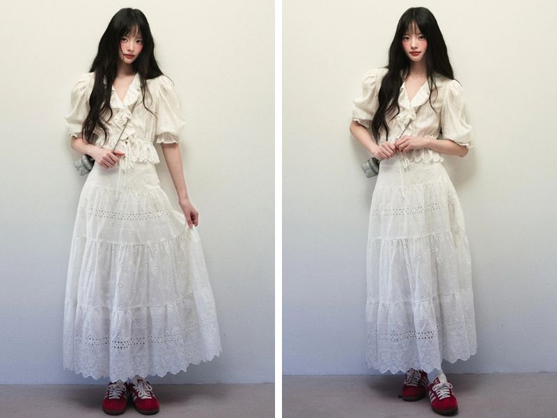 Cách mix chân váy dài với sơ mi croptop