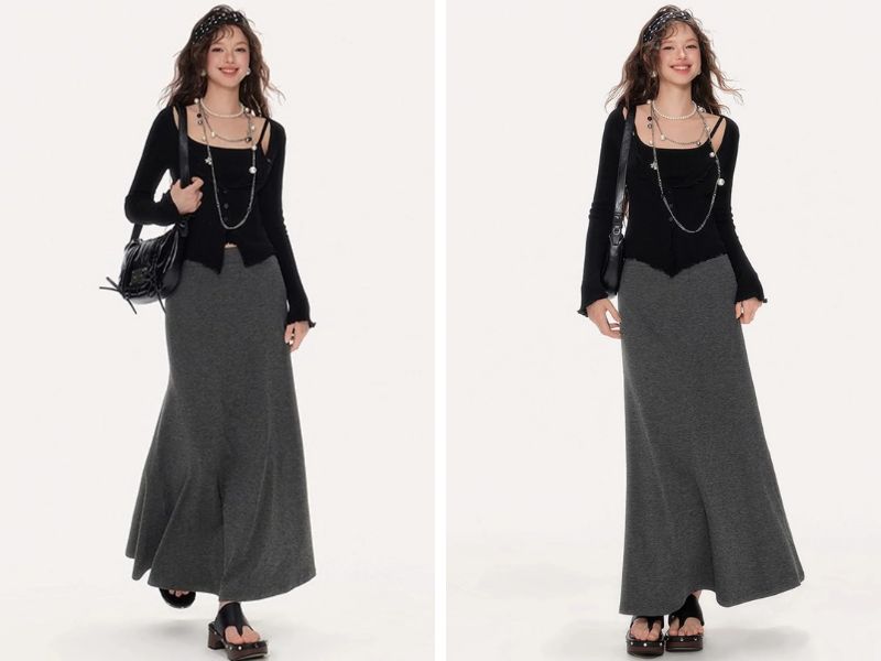 Cách phối chân váy suông dài với áo thun kiểu
