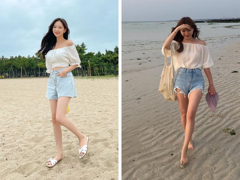 áo trễ vai quần short đi biển