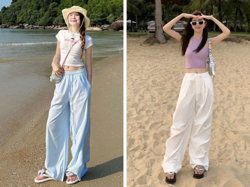 áo croptop quần ống rộng đi biển