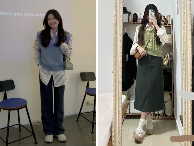 áo len gile layer với áo sơ mi kẻ sọc