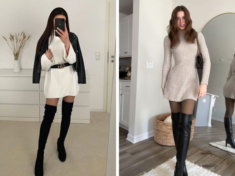 váy len ôm với boot cao quá gối